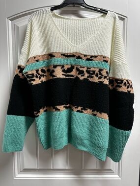 V-Neck Colorblock Knit Sweater in Cream, Black & Aqua